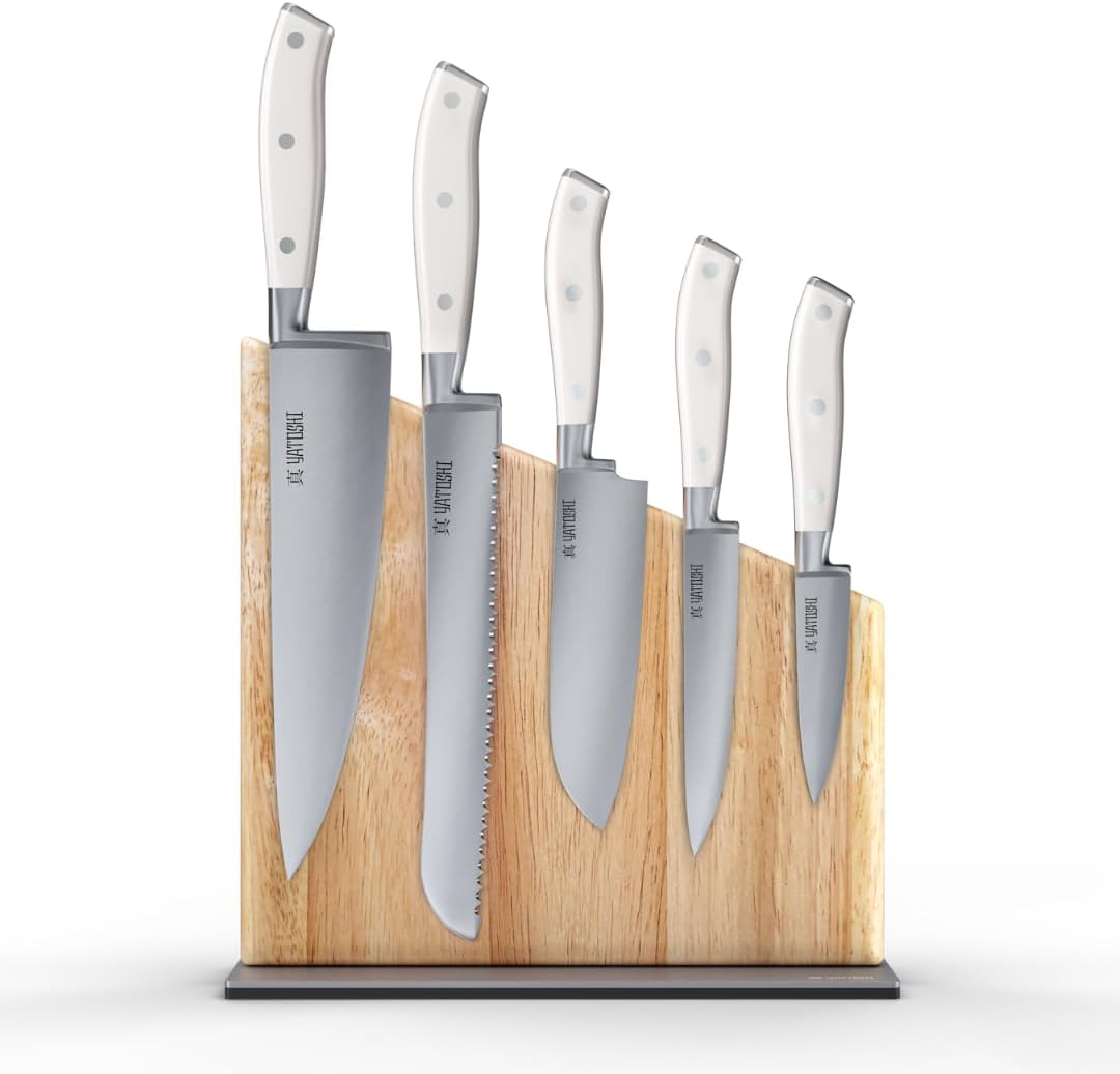 Yatoshi Magnetic Kitchen Knife Block Set 6 Pcs White - Pro Kitchen Knife Set Ultra Sharp High Carbon Steel