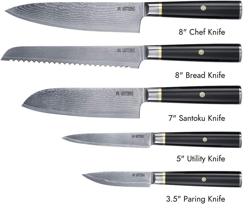 Magnetic Kitchen Knife Block Set - Japanese 67 Layer High-Grade VG-10 Steel Knives, Sharp, G10 Handle Professional Kitchen Knife Set - Black Damascus (6 pieces)