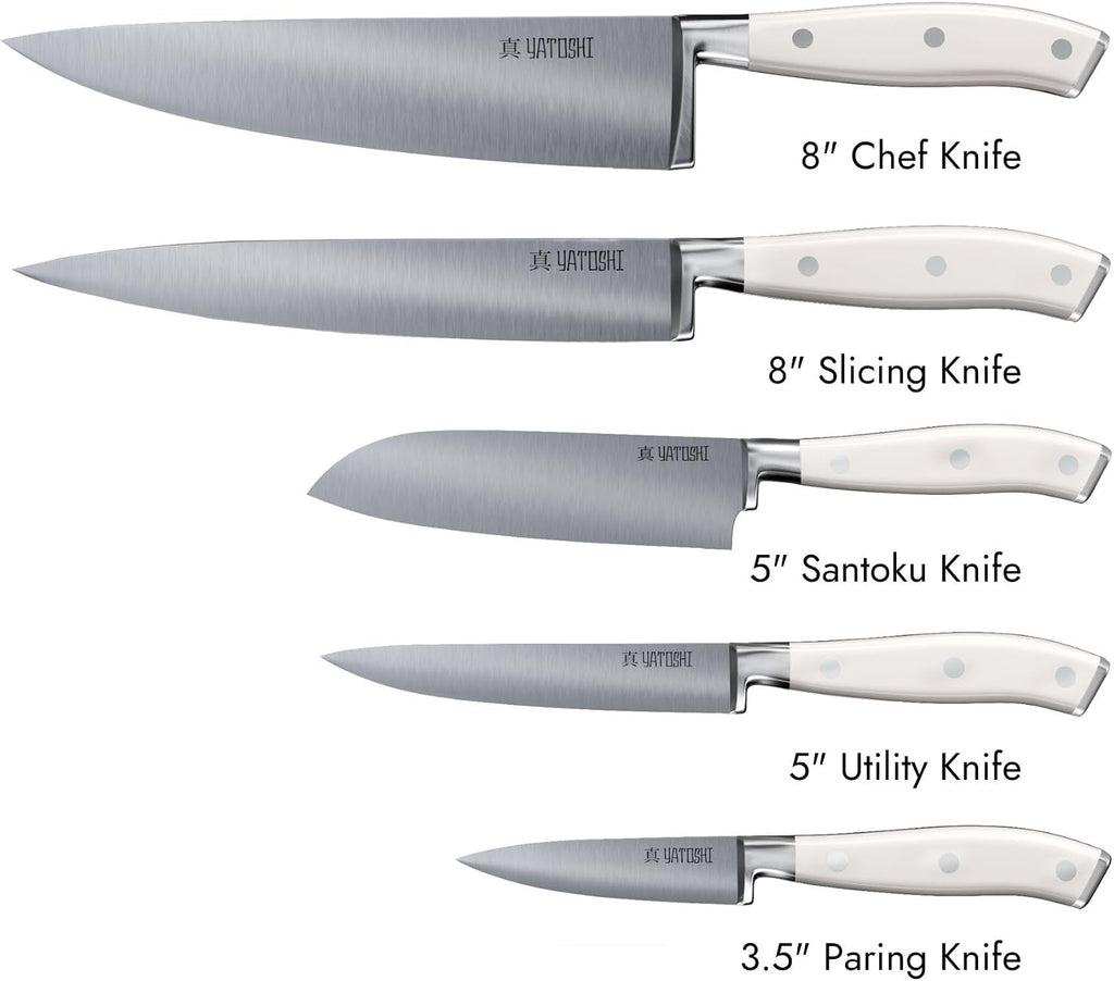 Yatoshi Magnetic Kitchen Knife Block Set 6 Pcs White - Pro Kitchen Knife Set Ultra Sharp High Carbon Steel