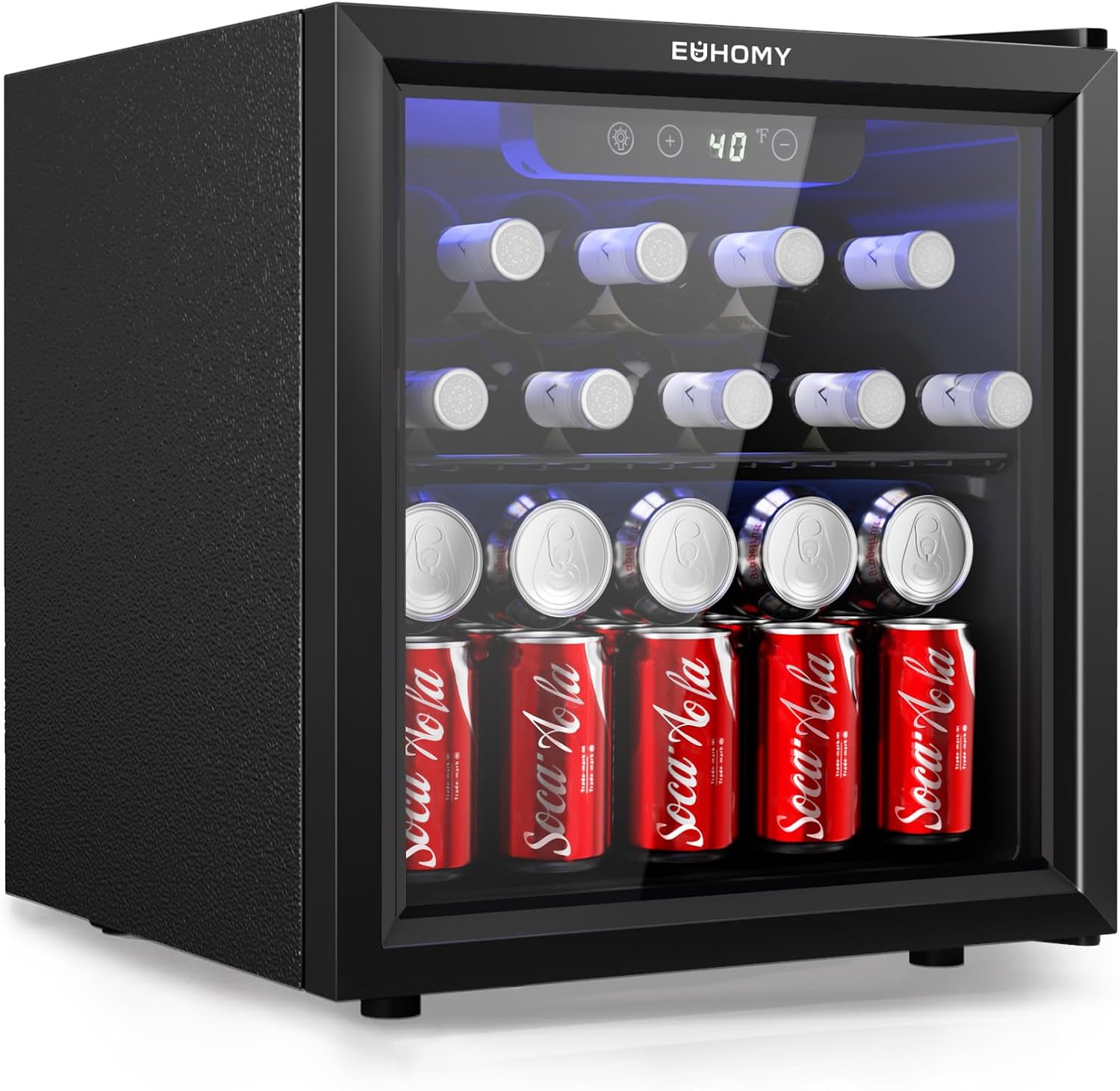 48 Can Beverage Refrigerator cooler-Mini Fridge Glass Door for Beer Drinks Wines, Countertop Beverage Fridge with Adjustable Shelves Blue LED for Home/Office/Dorm/Bar, 1.3 cu.ft