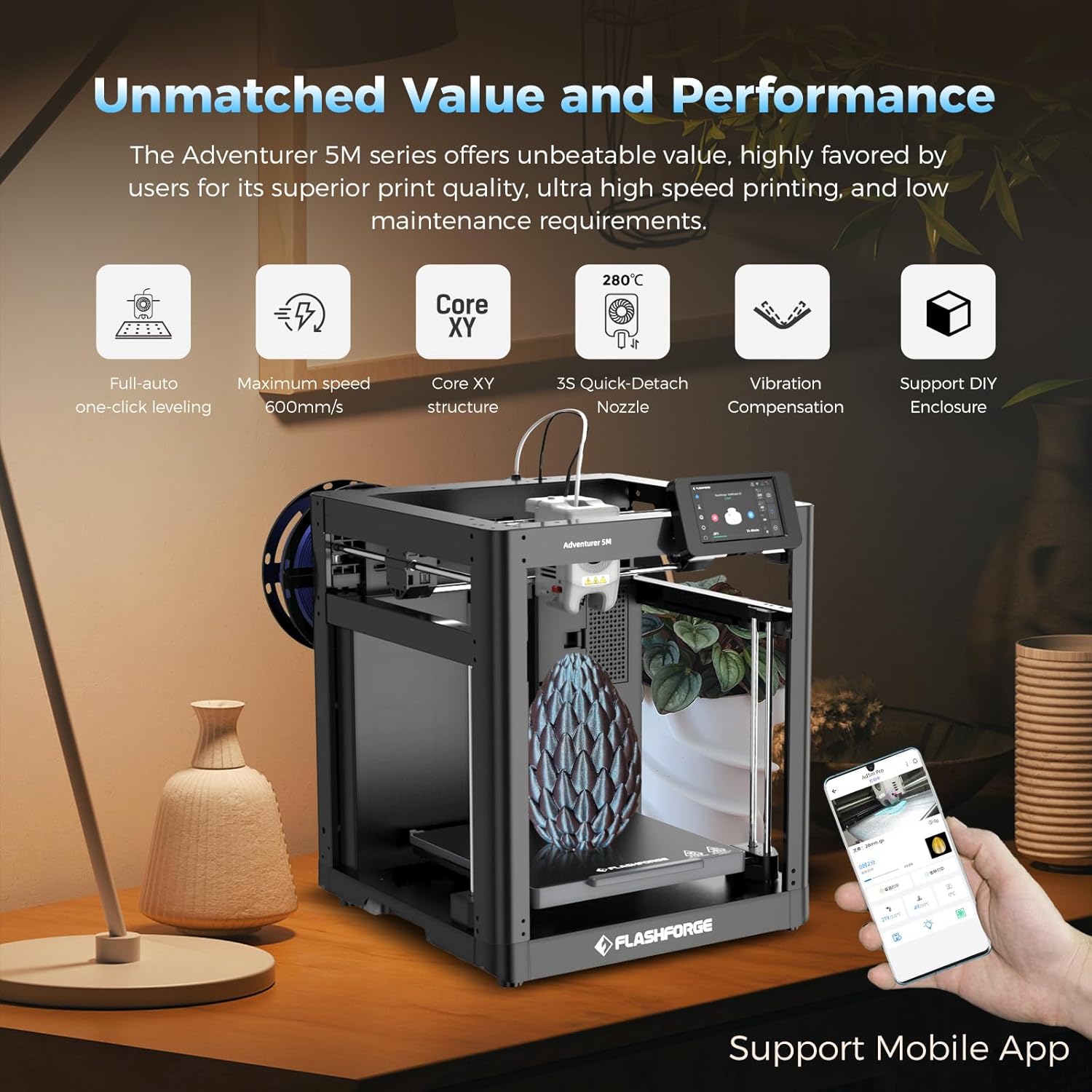 Adventurer 5M 3D Printer with Fully Auto Leveling, Max 600mm/s High Speed Printing, 280°C Direct Extruder with 3S Detachable Nozzle, CoreXY All Metal Structure, Print Size 220x220x220mm