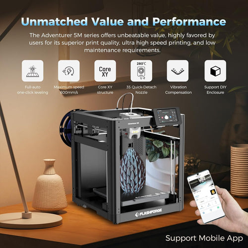 Adventurer 5M 3D Printer with Fully Auto Leveling, Max 600mm/s High Speed Printing, 280°C Direct Extruder with 3S Detachable Nozzle, CoreXY All Metal Structure, Print Size 220x220x220mm