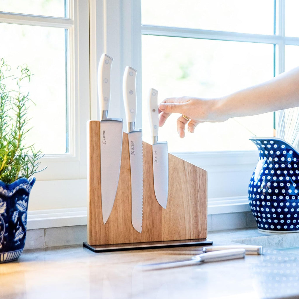 Yatoshi Magnetic Kitchen Knife Block Set 6 Pcs White - Pro Kitchen Knife Set Ultra Sharp High Carbon Steel