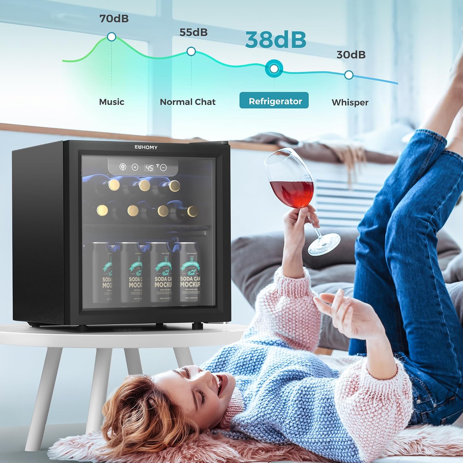 48 Can Beverage Refrigerator cooler-Mini Fridge Glass Door for Beer Drinks Wines, Countertop Beverage Fridge with Adjustable Shelves Blue LED for Home/Office/Dorm/Bar, 1.3 cu.ft