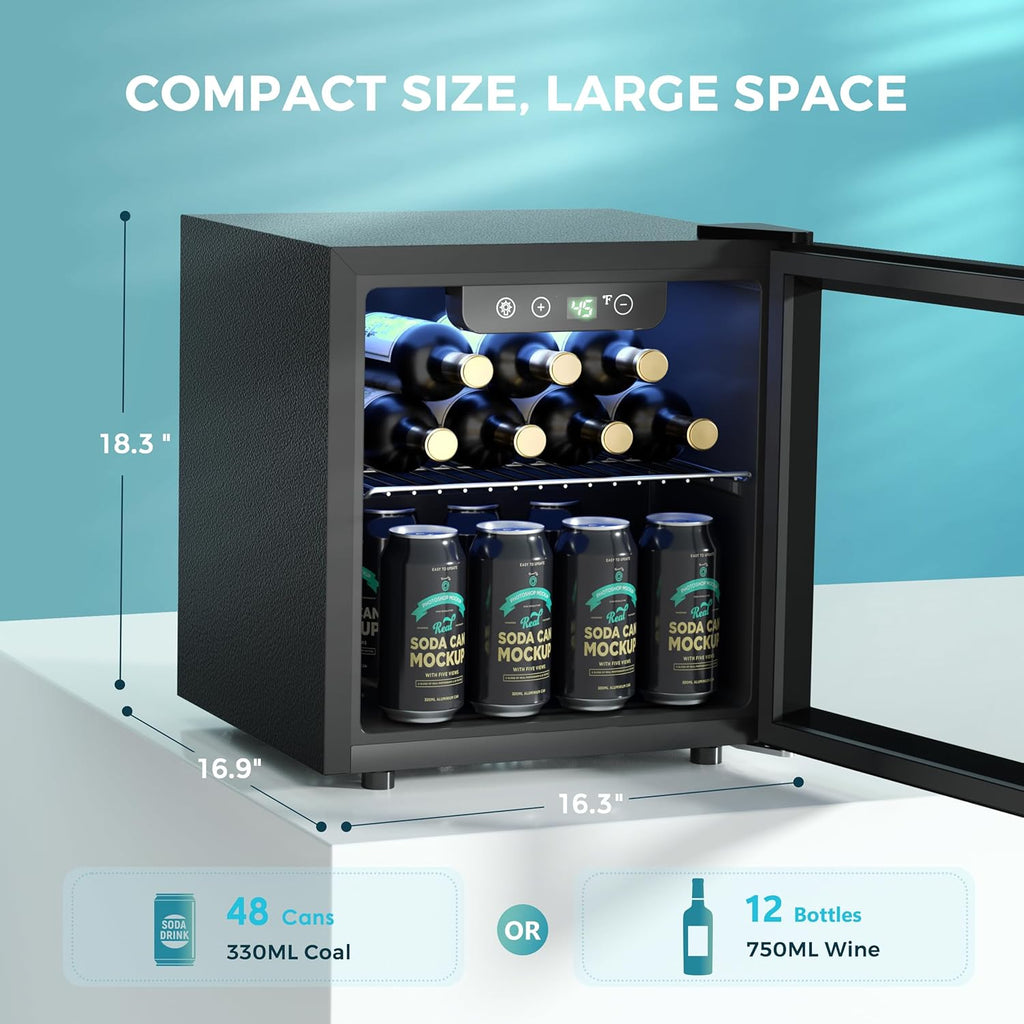 48 Can Beverage Refrigerator cooler-Mini Fridge Glass Door for Beer Drinks Wines, Countertop Beverage Fridge with Adjustable Shelves Blue LED for Home/Office/Dorm/Bar, 1.3 cu.ft