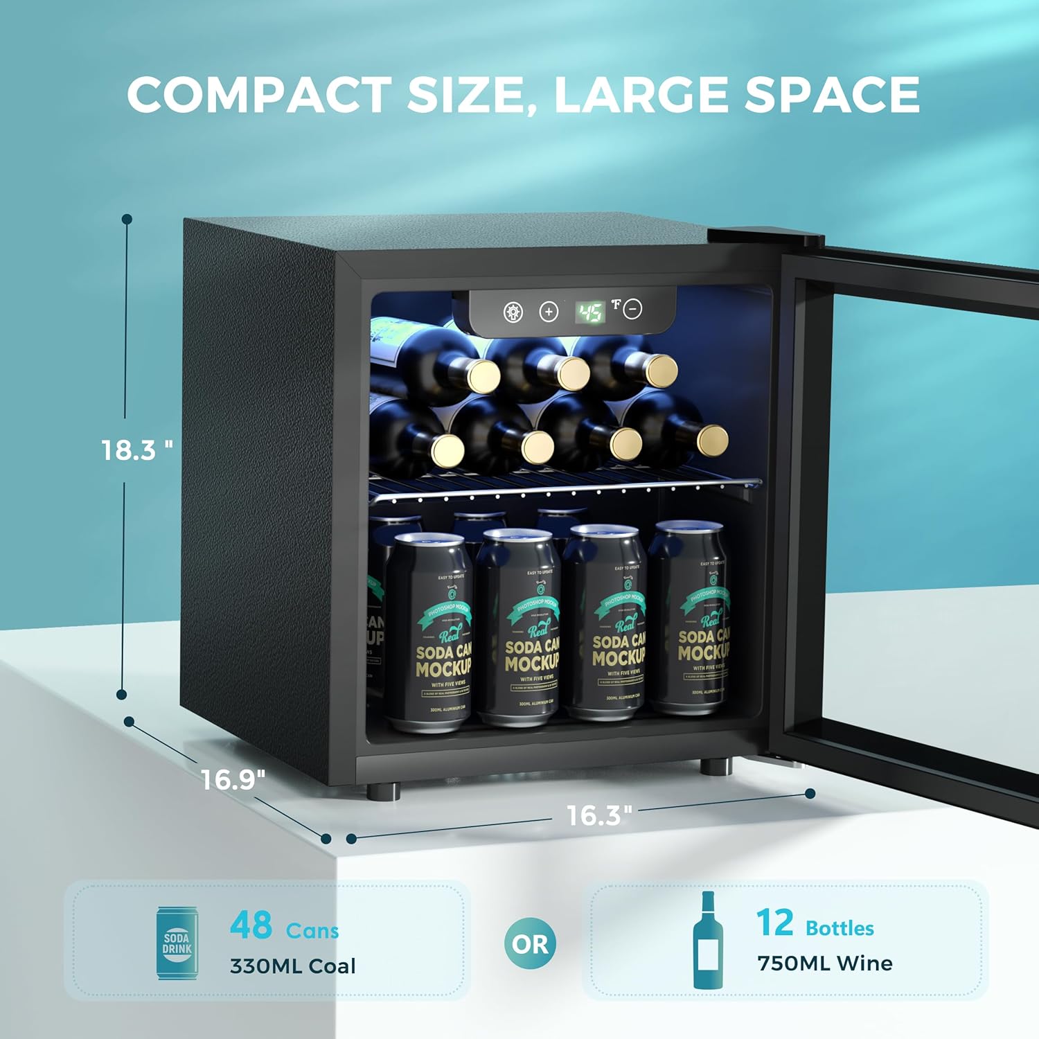 48 Can Beverage Refrigerator cooler-Mini Fridge Glass Door for Beer Drinks Wines, Countertop Beverage Fridge with Adjustable Shelves Blue LED for Home/Office/Dorm/Bar, 1.3 cu.ft
